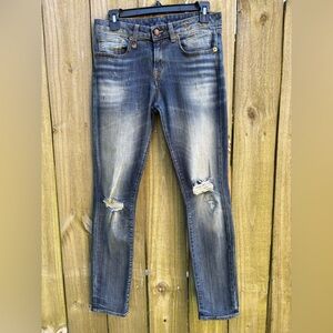 R13 Allison Crop Jeans Denim Straight Leg Dark Wash Indigo Distressed Size 27